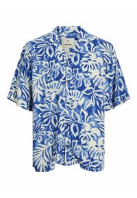 Camisa de manga corta con estampado floral en azul y blanco, que presenta un cierre de botones en la parte delantera, un ajuste relajado y una mezcla de grandes patrones de flores. Material de algodón.