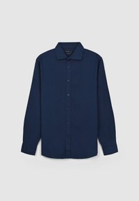 Marineblaues, langärmliges Hemd aus Baumwolle mit klassischem Kragen, durchgehender Knopfleiste und ärmelschließenden Manschetten.