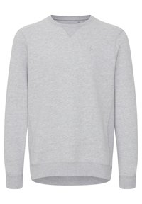 Gray sweatshirt made of soft fabric, featuring a crew neckline and long sleeves. A small logo is stitched on the chest.