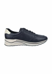 Navy leather sneaker with a padded collar, embossed design, and contrasting ivory midsole. Features round laces and a textured outsole.