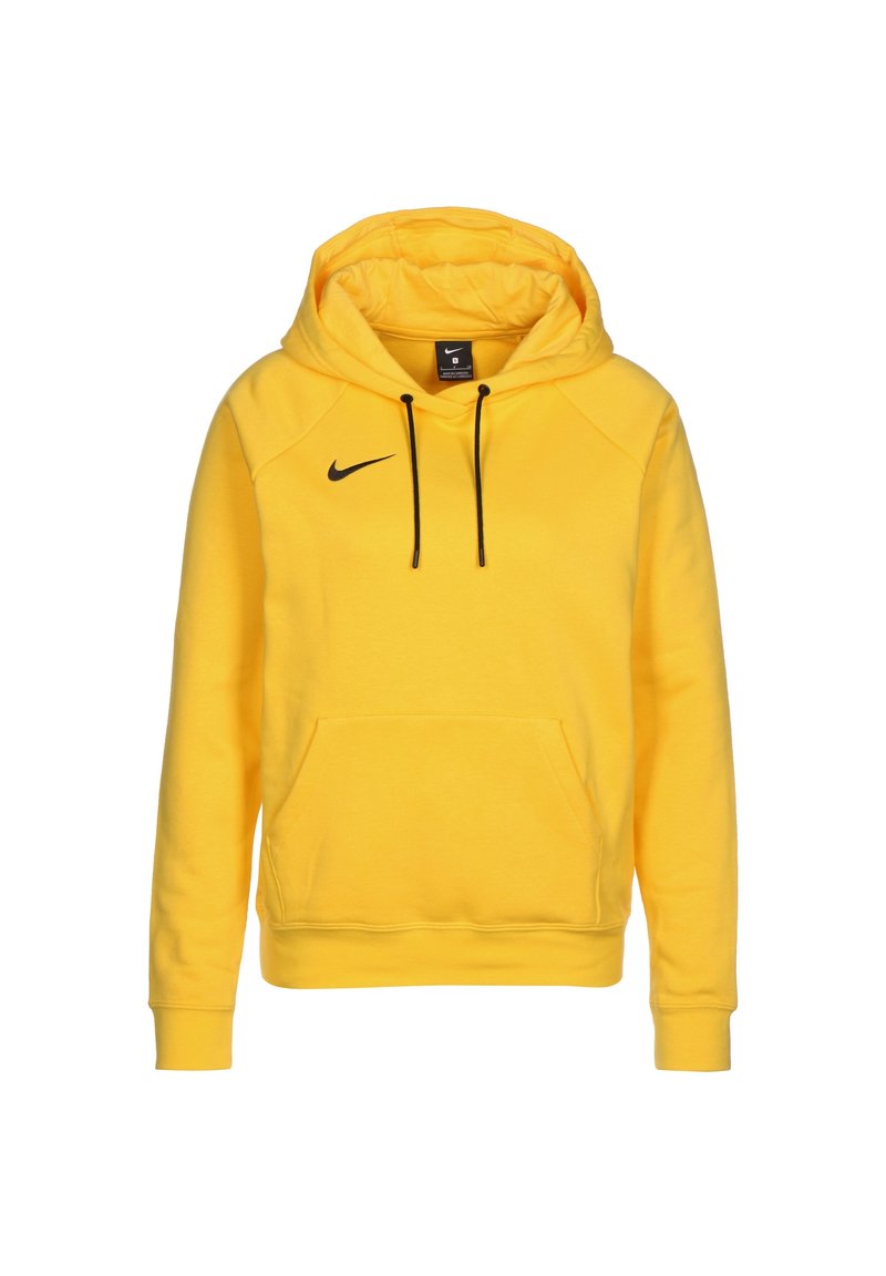 Gelbe Nike-Hoodie mit Kängurutasche, verstellbarem Kordelzug, gerippten Bündchen und kleinem schwarzem Logo auf der linken Brust.