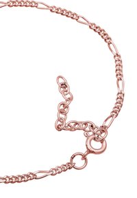 Halsband i roséguld med olika länkformer, utrustad med ett runt lås och en justerbar förlängningskedja för storleksanpassning.