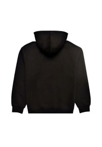 Sudadera negra con capucha ajustable, puños y dobladillo acanalados. El material parece suave con una textura lisa. La parte trasera es lisa.