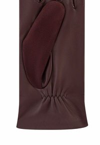 Braune Lederhandschuhe mit einem weichen burgunderroten Innenfutter, gerafftem Bund für einen festen Sitz und einer glatten Oberfläche.