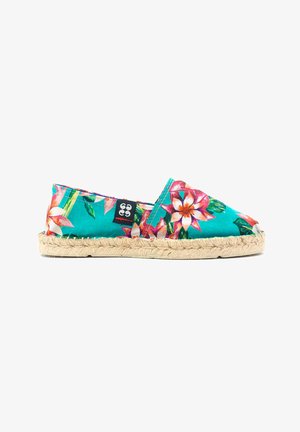 Chaussure de style espadrille avec une tige en tissu teal ornée d'un motif floral, semelle en corde de jute et bande élastique pour un enfilage facile.