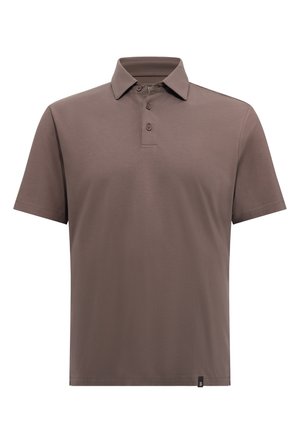 Polo shirt marron à manches courtes en tissu lisse. Il dispose d'un col classique et d'une patte de boutonnage à trois boutons, avec une petite étiquette logo sur l'ourlet.