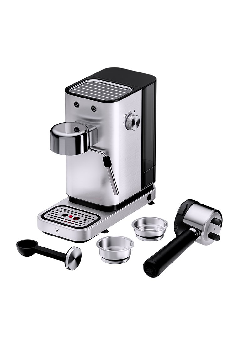 Edelstahl-ESPRESSO-Maschine mit Dampfdüse, Steuerknopf, zwei Siebträgerkörbchen, Tamper und Siebträger mit schwarzem Griff vor weißem Hintergrund.