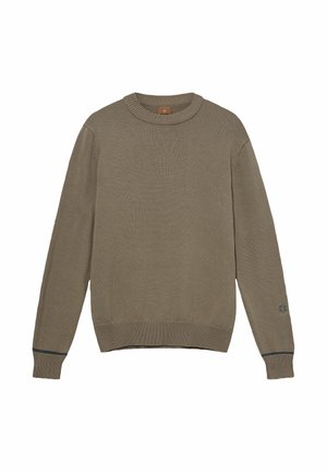 Kaki Pullover mit Rundhalsausschnitt, geripptem Saum und Bündchen, gestrickter Textur und einem dezenten Logo am linken Ärmel. Aus weichem Stoff gefertigt.