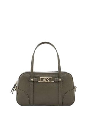 Borsa rettangolare verde oliva con doppi manici, targhetta con logo "AX" dorato sul davanti e chiusura con cerniera su entrambi i lati.
