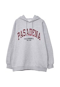 Felpa grigia con tasca a marsupio frontale, con stampa bordeaux che recita "PASADENA CALIFORNIA EST. 1990" in lettere grasse.