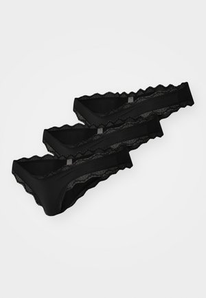 Black lace thong underwear, featuring scalloped edges and a smooth finish. Set of three with a consistent design. Stretchy and lightweight material.