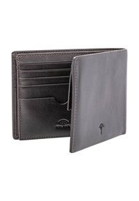 Sort læderpung med flere kortlommer, en glat tekstur og et diskret logo præglet på forsiden. Inkluderer RFID-blokeringsteknologi.