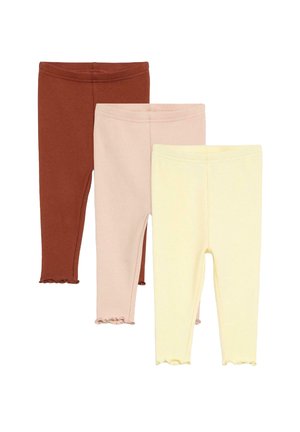 Ensemble de leggings en coton léger dans des teintes rouille, rose pâle et jaune clair, doté d'une texture douce et d'ourlets festonnés.