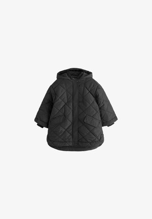 Schwarze gesteppte Jacke mit Kapuze, ausgestattet mit einem Frontreißverschluss, weiten Ärmeln und zwei großen Taschen. Der Stoff hat eine glatte Oberfläche mit Rautenmuster.