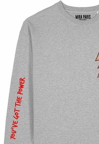 Felpa grigia con maniche lunghe, con scollo rotondo. Testo rosso sulla manica sinistra con la scritta "YOU'VE GOT THE POWER." Etichetta del marchio: MIRA PARIS.