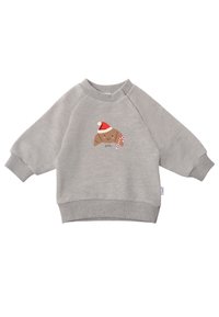 Gray sweatshirt with raglan sleeves, featuring a brown dog illustration wearing a red Santa hat and holding a candy cane. Soft texture.