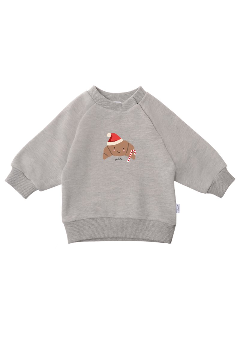 Gray sweatshirt with raglan sleeves, featuring a brown dog illustration wearing a red Santa hat and holding a candy cane. Soft texture.
