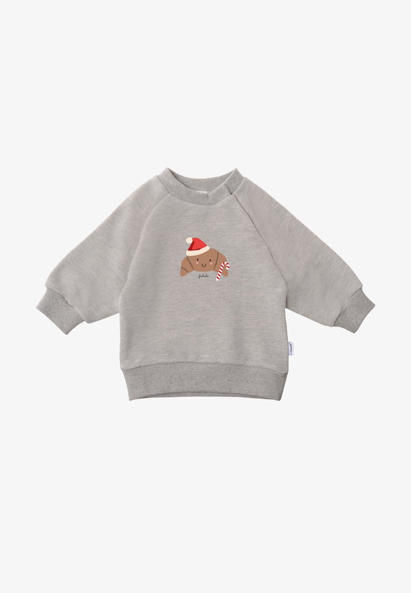 Gray sweatshirt with raglan sleeves, featuring a brown dog illustration wearing a red Santa hat and holding a candy cane. Soft texture.