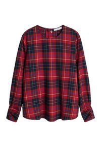 Rood en marineblauw geruite lange mouwen blouse met ronde hals en knoopdetail bij de achterkant van de kraag, losse pasvorm.