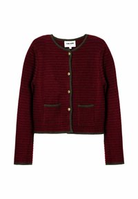 Cárdigan de punto burdeos con escote redondo, cierre de botones frontal, ribete verde y dos bolsillos de parche en la parte delantera. Tejido texturizado.