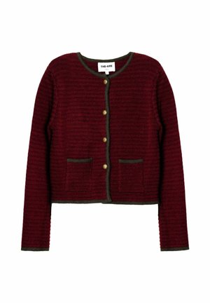 Cárdigan de punto burdeos con escote redondo, cierre de botones frontal, ribete verde y dos bolsillos de parche en la parte delantera. Tejido texturizado.