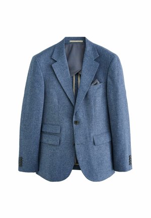 Blazer bleu en tissu texturé, avec une fermeture à deux boutons, des revers à cran et des poches avant. Comprend une doublure intérieure contrastante.