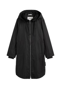 Parka noire avec capuche, fermeture éclair à l'avant, deux poches latérales et poignets côtelés. Tissu lisse avec un design simple et sans ornement.