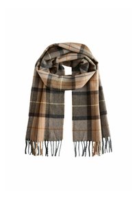Sciarpa a quadri in beige, marrone e grigio con bordi frangiati. Realizzata in materiale morbido, presenta un motivo a reticolo con dettagli in arancione e verde.