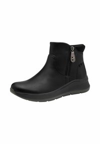 Bottines noires avec un dessus en cuir lisse, fermeture éclair sur le côté avec un accent en étoile, et une semelle rembourrée pour le confort.