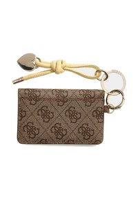 Kaarthouder van bruin nep leer met geperst patroon; voorzien van een gele band met hartvormige bedel en metalen hardware in goudkleur.