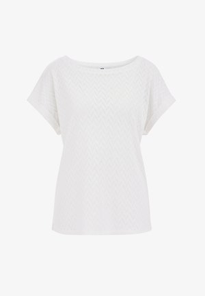 Bílý krátký rukáv top vyrobený z texturované tkaniny se žebrovým vzorem, širokým kulatým výstřihem a volným střihem.