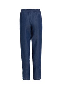 Granatowe spodnie o prostym kroju z elastycznym pasem, przednimi szwami i prostym, codziennym fasonem.