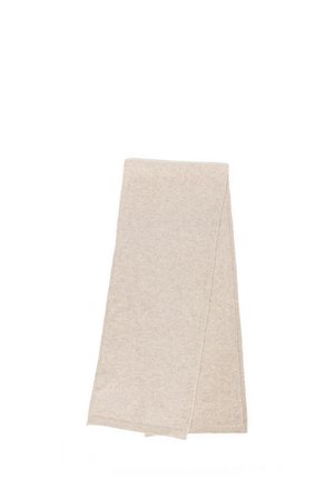Beżowy szal kaszmirowy, w kształcie prostokąta, o miękkiej teksturze, z prążkowanymi brzegami. Minimalistyczny design, bez wzorów ani dodatkowych detali.