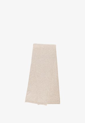 Beżowy szal kaszmirowy, w kształcie prostokąta, o miękkiej teksturze, z prążkowanymi brzegami. Minimalistyczny design, bez wzorów ani dodatkowych detali.