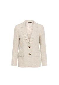 Světle béžový lněný blazer s klopovým límcem, dlouhými rukávy, dvěma předními kapsami a zlatými knoflíky. Hladká textura se jemným tkaním.