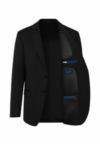 Schwarze Anzugjacke mit Kerbkragen, zwei schwarzen Knöpfen und einem Innenfutter mit blauen Akzenten und Taschen. Knitterfreier Stoff.