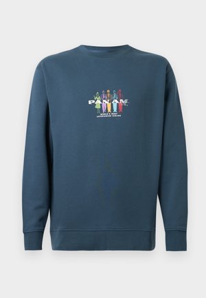 Sweatshirt de culoare bleumarin, fabricat din bumbac, cu guler rotund. Prezintă o imprimare grafică colorată cu figuri și textul "PAN AM" pe piept.