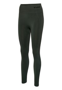 Leggings verde scuro realizzati in tessuto elasticizzato, con una cintura larga e una texture a coste lungo i lati. Logo Hummel in vita.
