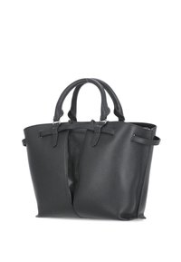 Borsa tote nera in pelle con una finitura texturizzata, dotata di manici doppi, due scomparti e un design minimalista. Senza hardware visibile.