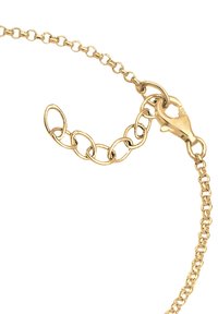 Goldfarbene Metallkette mit ovalen Gliedern, ausgestattet mit einem Karabinerverschluss und einer Verlängerungskette für eine verstellbare Länge.