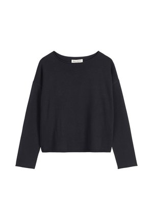 Schwarzes, kurz geschnittenes Sweatshirt aus weichem Stoff mit rundem Ausschnitt und langen, angesetzten Ärmeln. Minimalistisches Design ohne Muster.