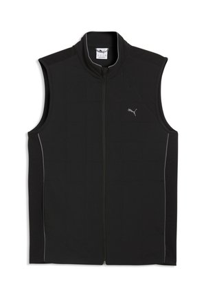 Zwarte mouwloze sportvest met volledige ritssluiting aan de voorkant en klein Puma-logo op de linkerborst, met opstaande kraag en subtiele zijstrepen.