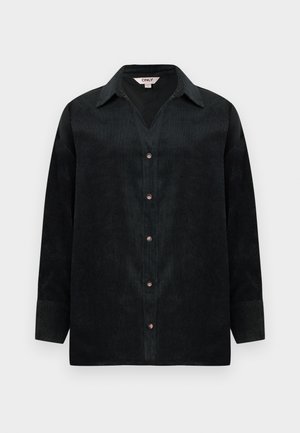 Black corduroy shirt with a V-neck, long sleeves, button closure, and subtle texture. Features contrasting buttons and a relaxed fit.