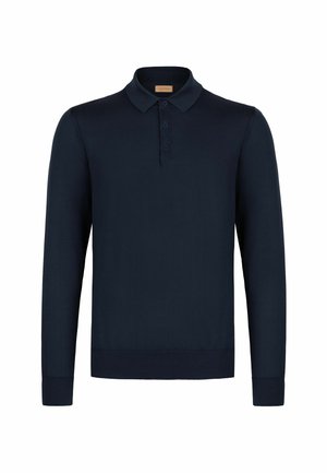 Granatowa koszulka polo z długim rękawem, żebrowanym wykończeniem na dole i mankietach, z plisą na trzy guziki i klasycznym kołnierzykiem.