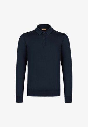 Granatowa koszulka polo z długim rękawem, żebrowanym wykończeniem na dole i mankietach, z plisą na trzy guziki i klasycznym kołnierzykiem.