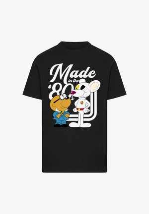 Black t-shirt featuring cartoon characters on the front, with the text “Made in the ‘80s” in bold white lettering and colorful accents.