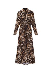 Dyreprint kjole med lange ærmer, knap-down krave og samlet detalje ved taljen. Farverne inkluderer sorte, brune og tan nuancer.