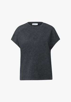 Sort kortærmet t-shirt lavet af blødt stof med en glat tekstur og perforerede detaljer på skuldrene. Rund halsudskæring.