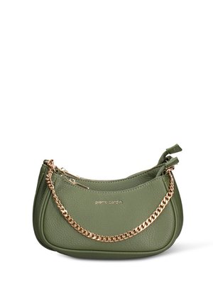 Green leather handbag featuring a double zip, chain strap, textured finish, and prominent "pierre cardin" logo. Compact and curved design.