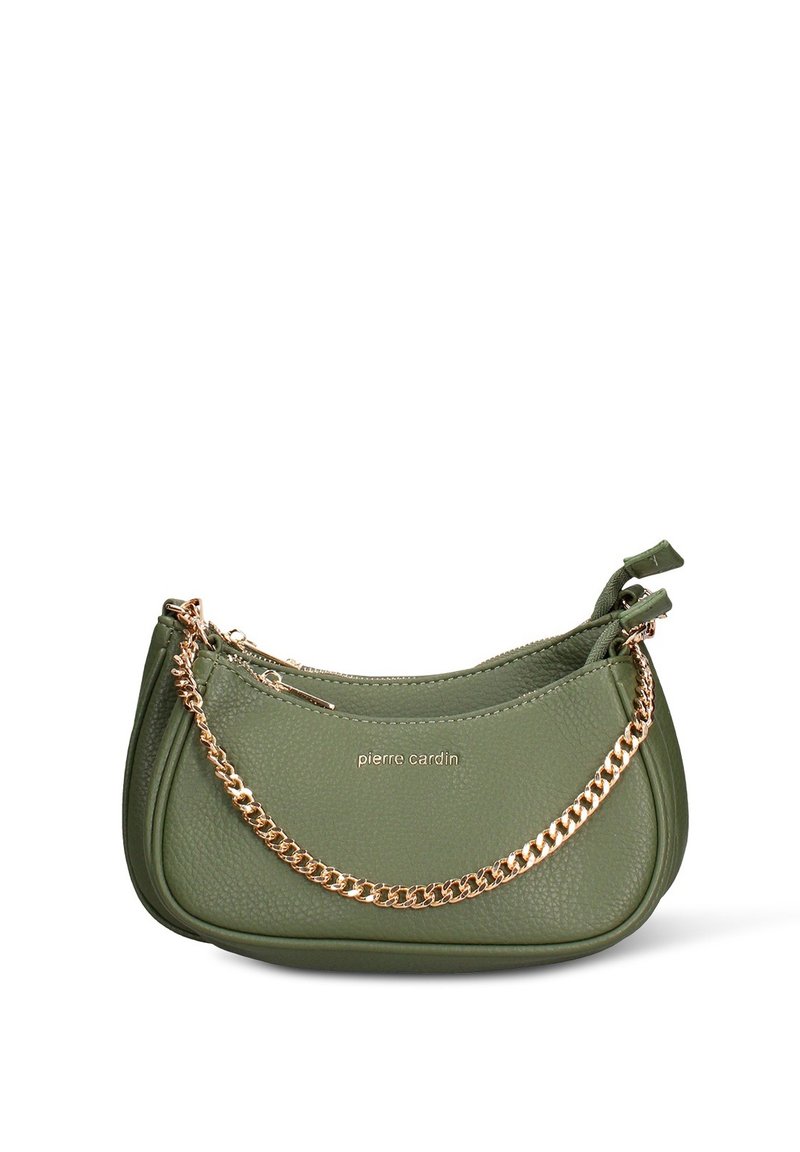 Borsa a mano in pelle verde con doppia cerniera, tracolla a catena, finitura strutturata e logo "pierre cardin" ben visibile. Design compatto e curvo.